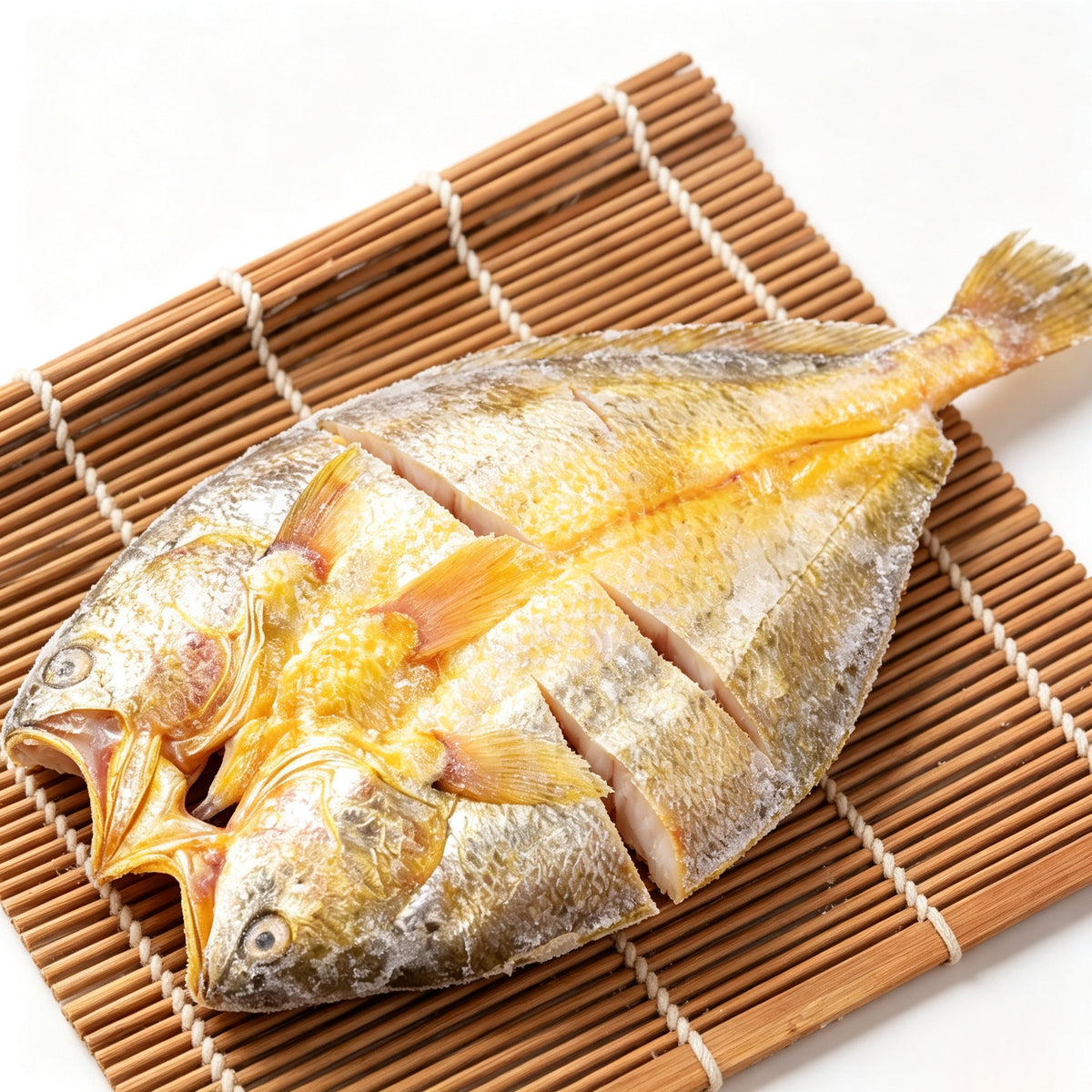 Whole yellow croaker split and scored on a bamboo mat