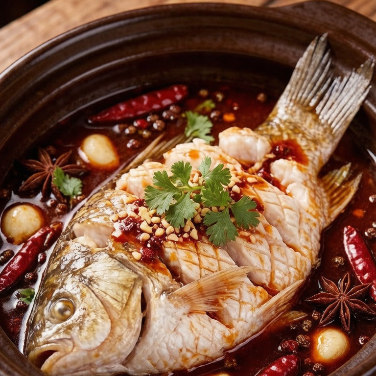 Whole scored carp braised in a spicy broth in a clay pot