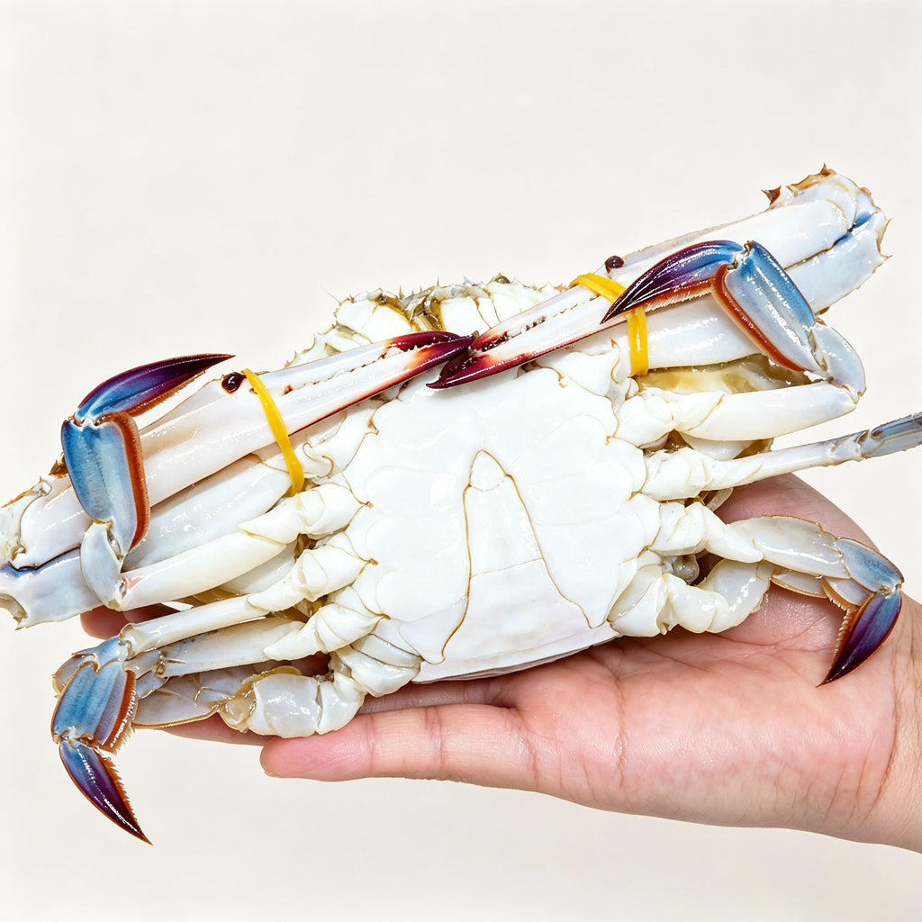 Live blue swimming crab held in a hand against a white background