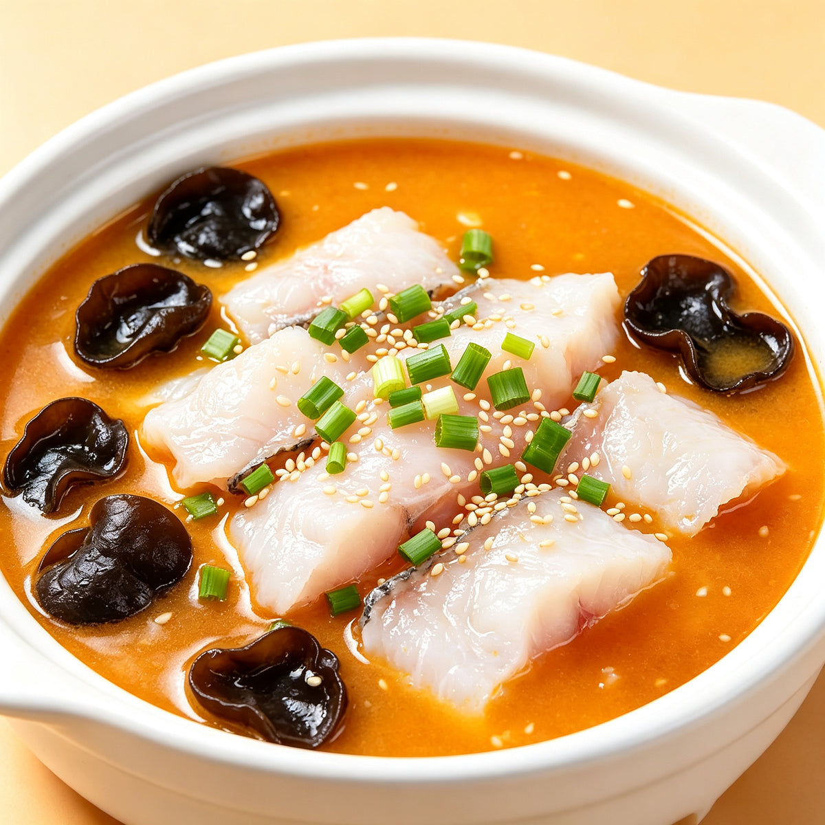 Basa fillets simmering in a golden broth with mushrooms