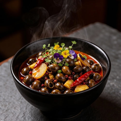 Marinated mud snails in a dark bowl with herbs and chilli