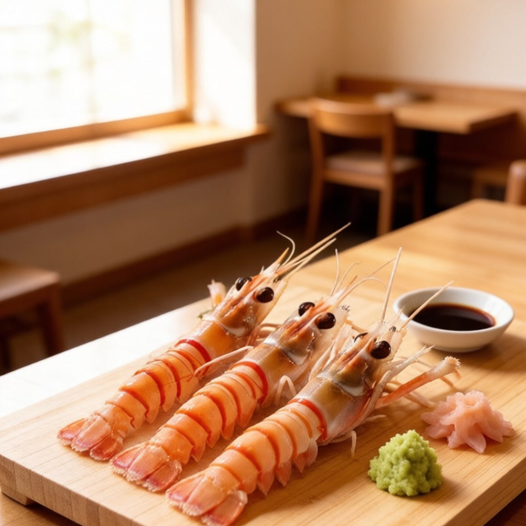 Raw langoustine tails on a wooden board with soy and wasabi