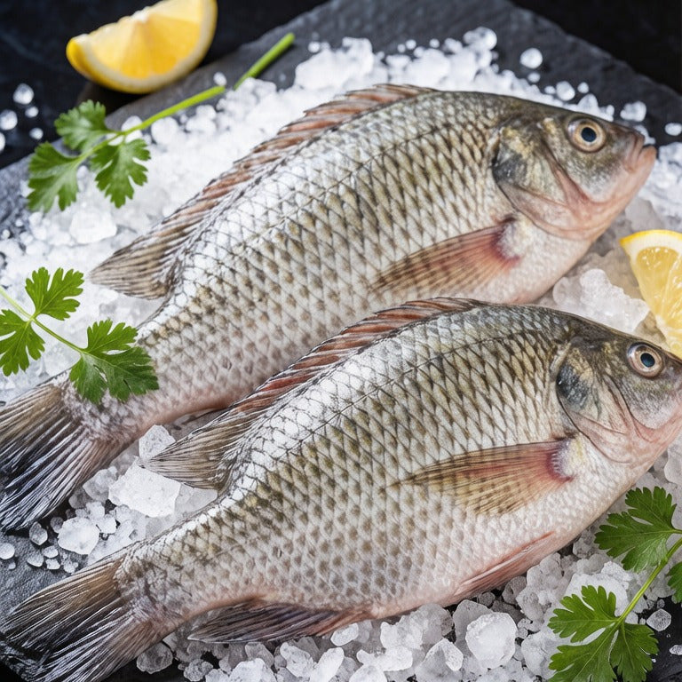 Two whole tilapia on crushed ice with herbs