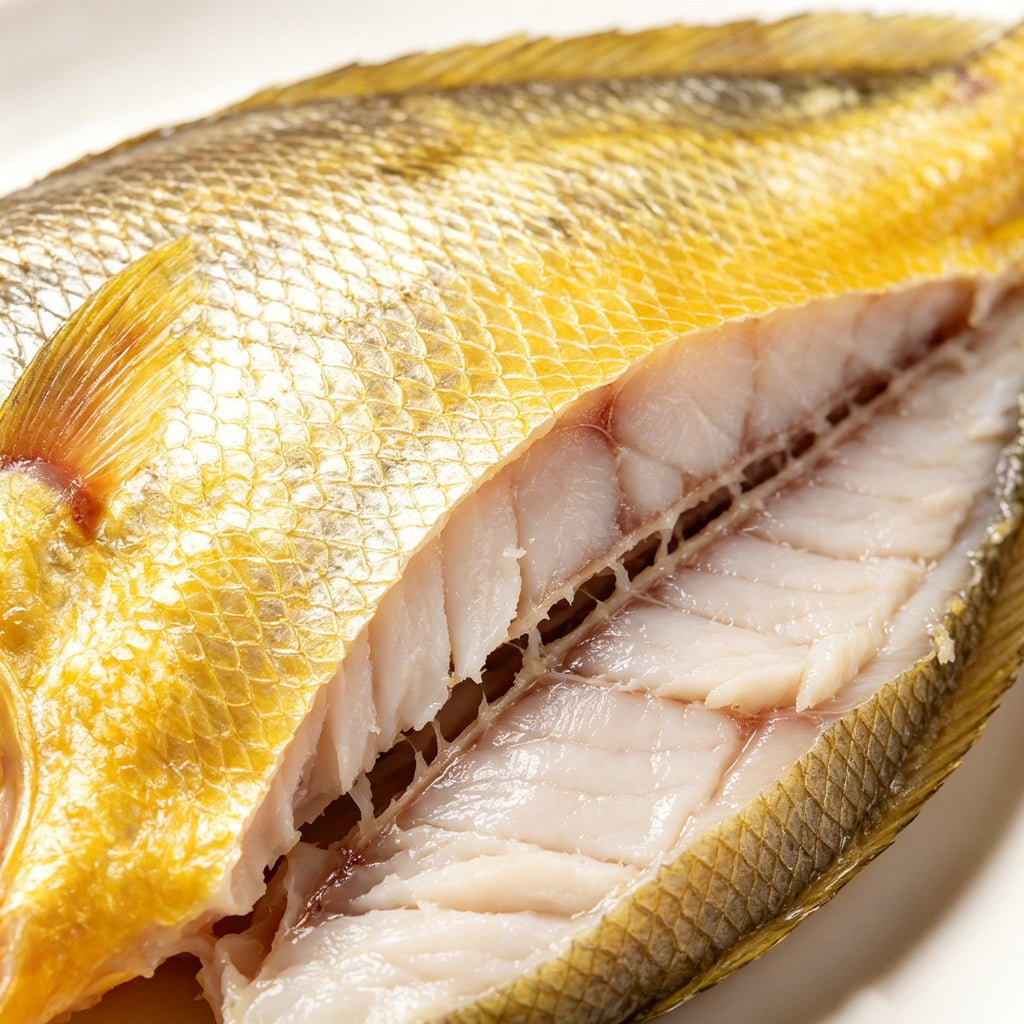 Close-up of a golden yellow croaker cut open showing white flesh