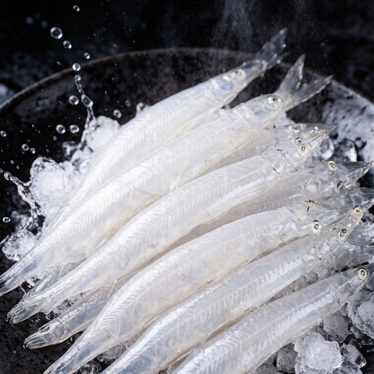 Raw whitebait on crushed ice