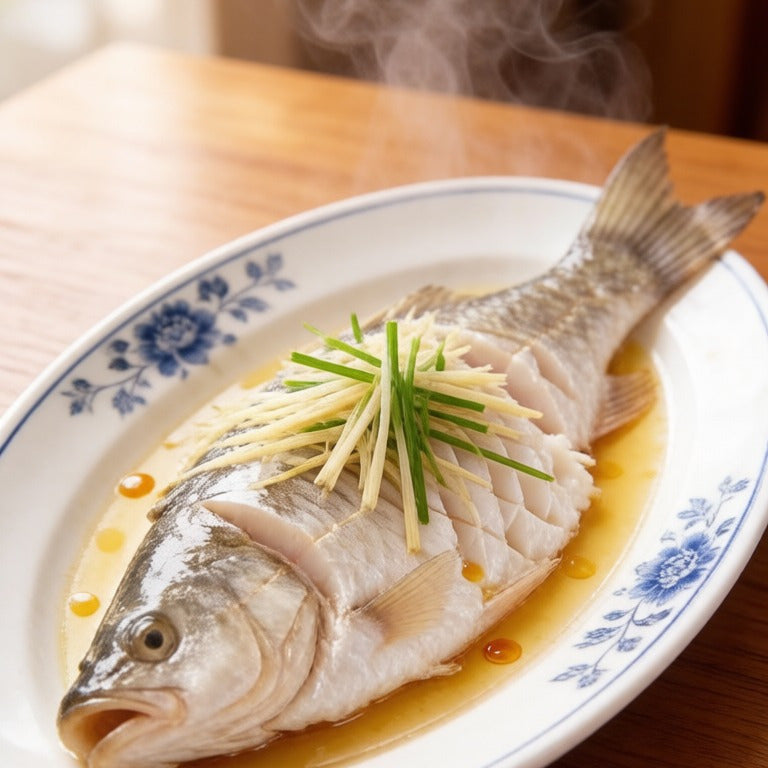Steamed whole carp with ginger and spring onion on a plate