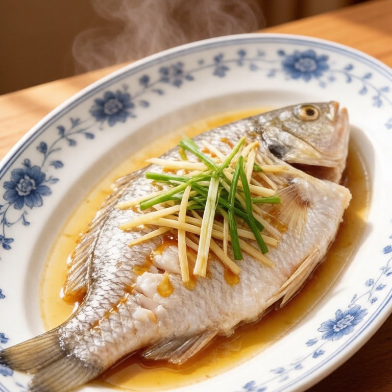 Steamed whole tilapia on a blue and white plate with ginger