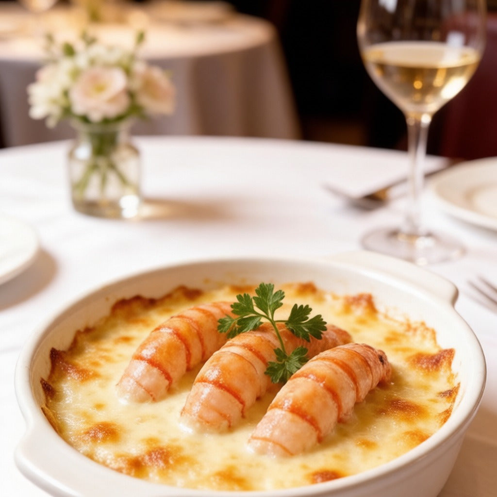 Langoustine tails baked in a gratin with herbs