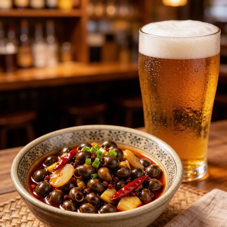 A bowl of marinated mud snails beside a cold beer