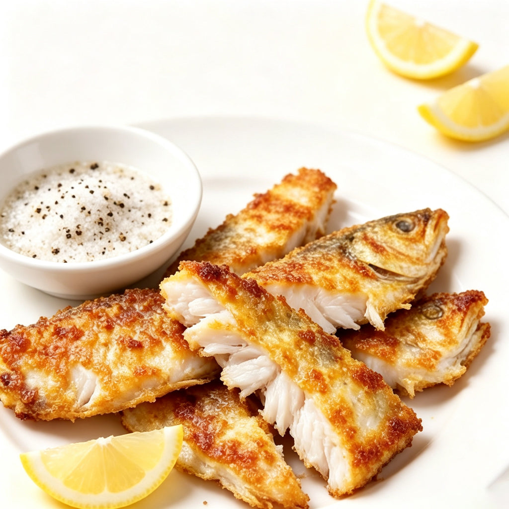 Pan-fried yellow croaker pieces on a white plate with lemon and pepper dip