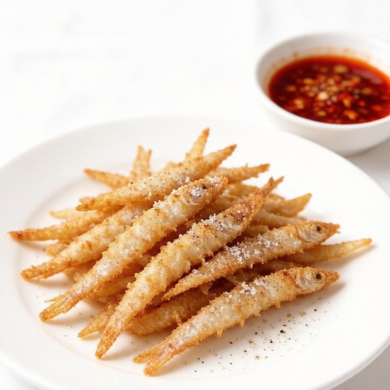 Deep-fried whitebait on a white plate with dipping sauce