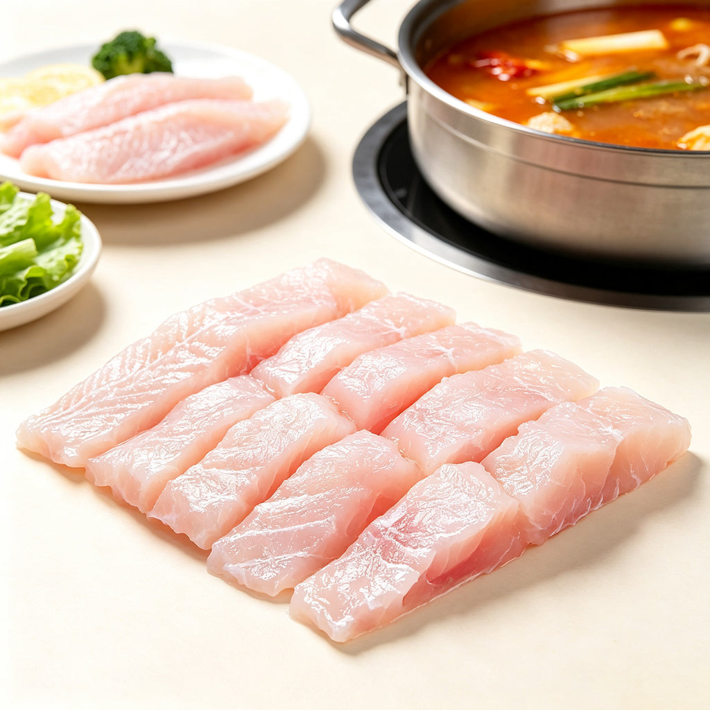 Raw basa fillets being lowered into a hot pot of broth