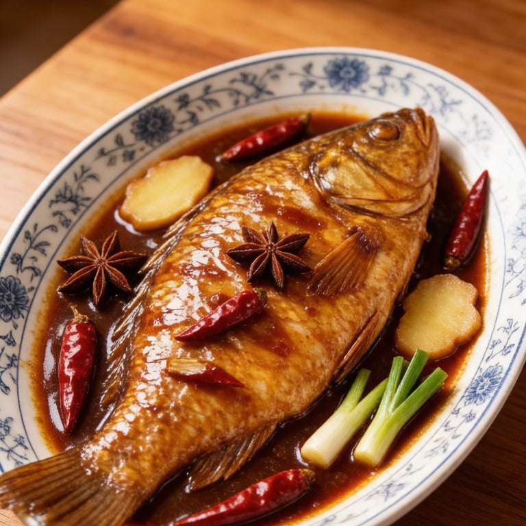 Whole tilapia braised in a dark sauce in a clay pot