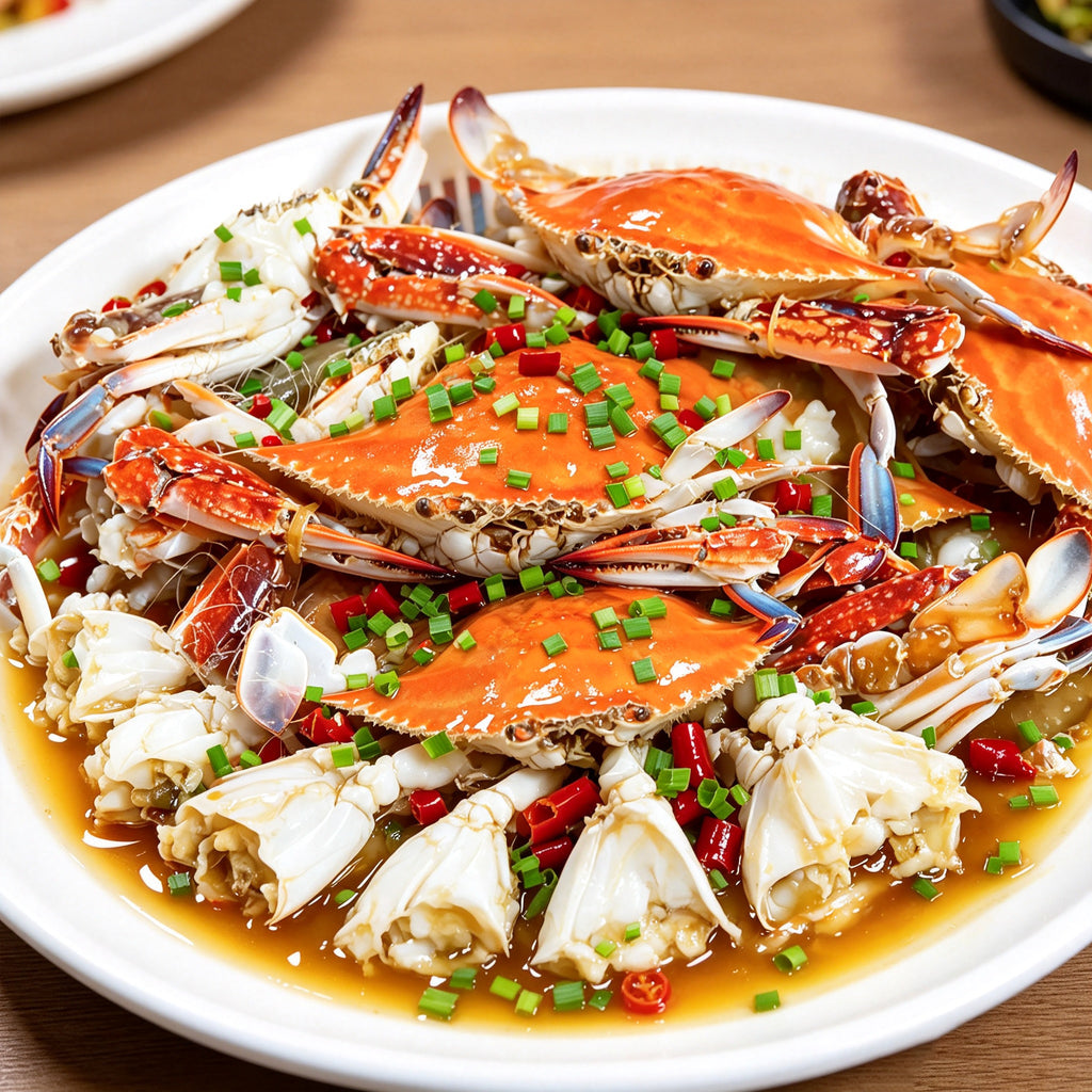 Cooked swimming crab pieces in a glossy chilli sauce with spring onion