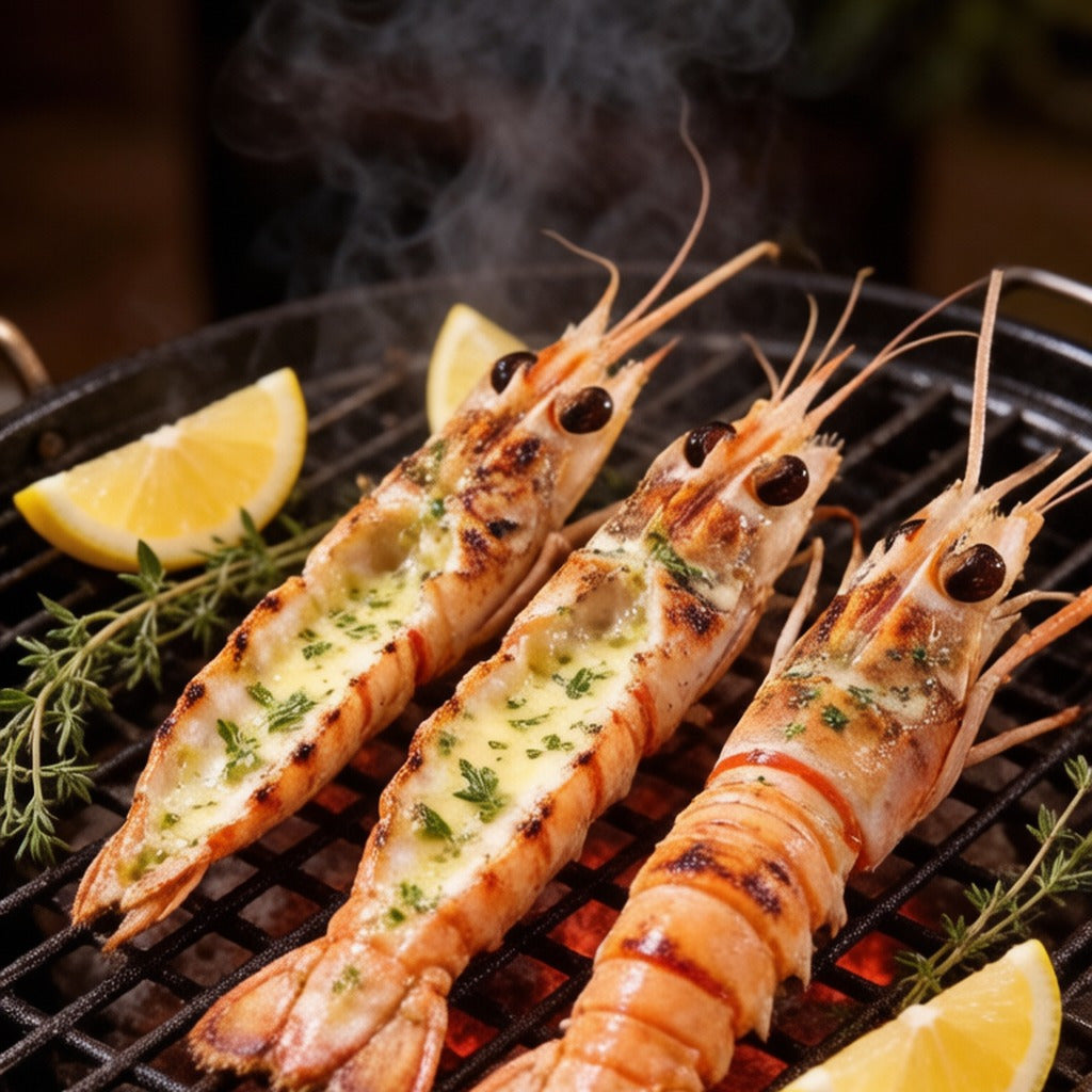 Grilled langoustines on a grate with lemon and herbs