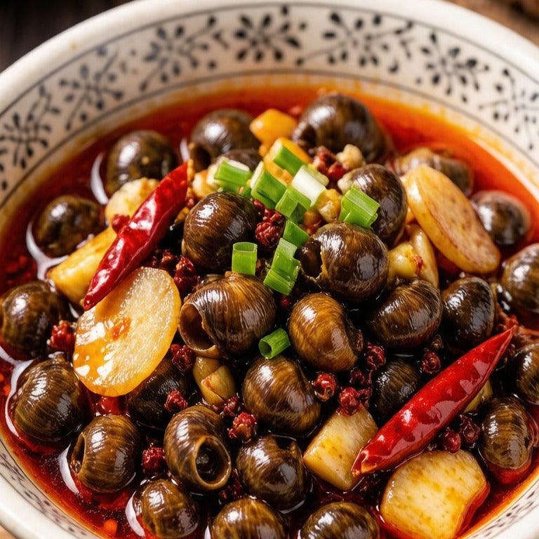 Mud snails in red chilli sauce in a white and blue bowl