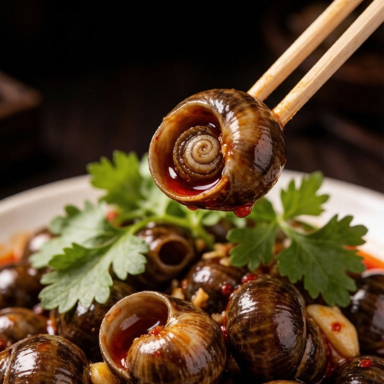 Chopsticks lifting a mud snail with coriander