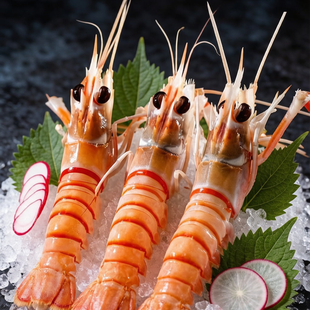 Raw langoustine sashimi on crushed ice with shiso leaf