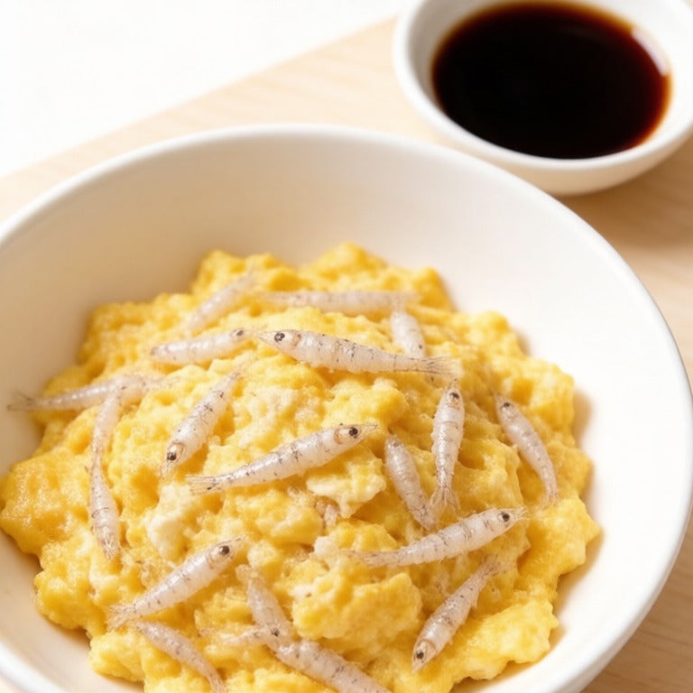 Scrambled egg with whitebait in a white bowl
